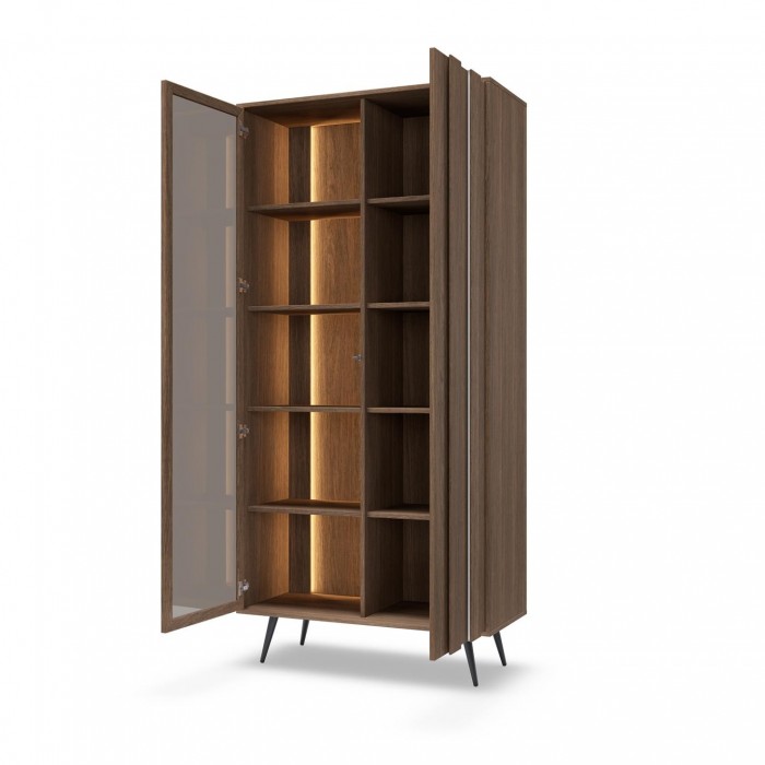 Zweitürige LED-Vitrine FARO 93,5x196 cm – Eleganter Glasschrank Eiche Braun mit Soft-Close und Push-to-Open für Wohnzimmer