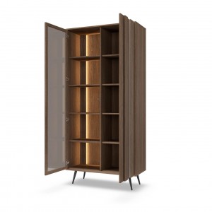 Zweitürige LED-Vitrine FARO 93,5x196 cm – Eleganter Glasschrank Eiche Braun mit Soft-Close und Push-to-Open für Wohnzimmer 5/9