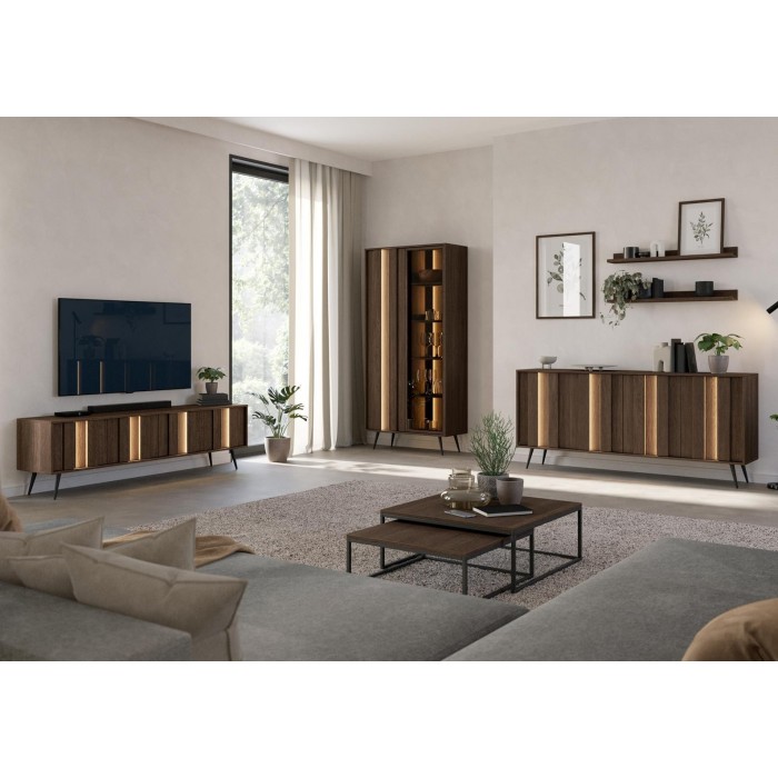 Zweitürige LED-Vitrine FARO 93,5x196 cm – Eleganter Glasschrank Eiche Braun mit Soft-Close und Push-to-Open für Wohnzimmer