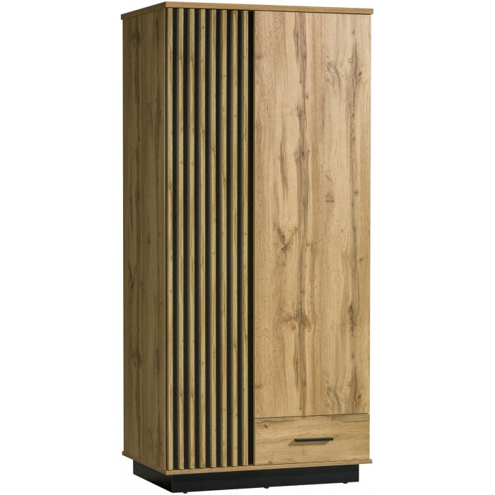 Kleiderschrank Lamelo 90 cm mit Schublade Drehtürenschrank Lamellentüren Eiche Wotan Schwarz Matt Modern