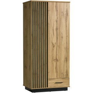 Kleiderschrank Lamelo 90 cm mit Schublade Drehtürenschrank Lamellentüren Eiche Wotan Schwarz Matt Modern 1/9