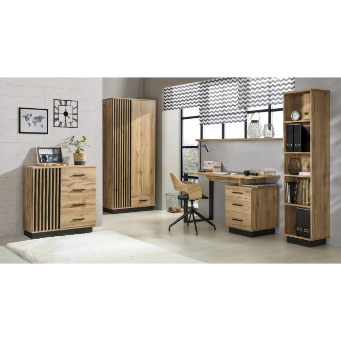 Kleiderschrank Lamelo 90 cm mit Schublade Drehtürenschrank Lamellentüren Eiche Wotan Schwarz Matt Modern