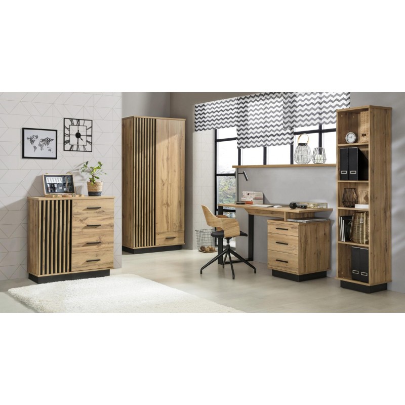 Kleiderschrank Lamelo 90 cm mit Schublade Drehtürenschrank Lamellentüren Eiche Wotan Schwarz Matt Modern 5/9