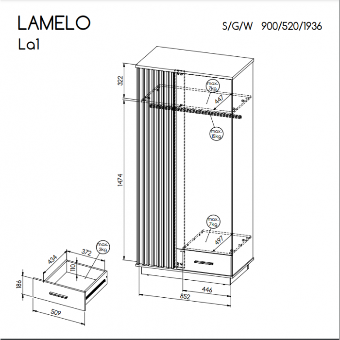 Kleiderschrank Lamelo 90 cm mit Schublade Drehtürenschrank Lamellentüren Eiche Wotan Schwarz Matt Modern