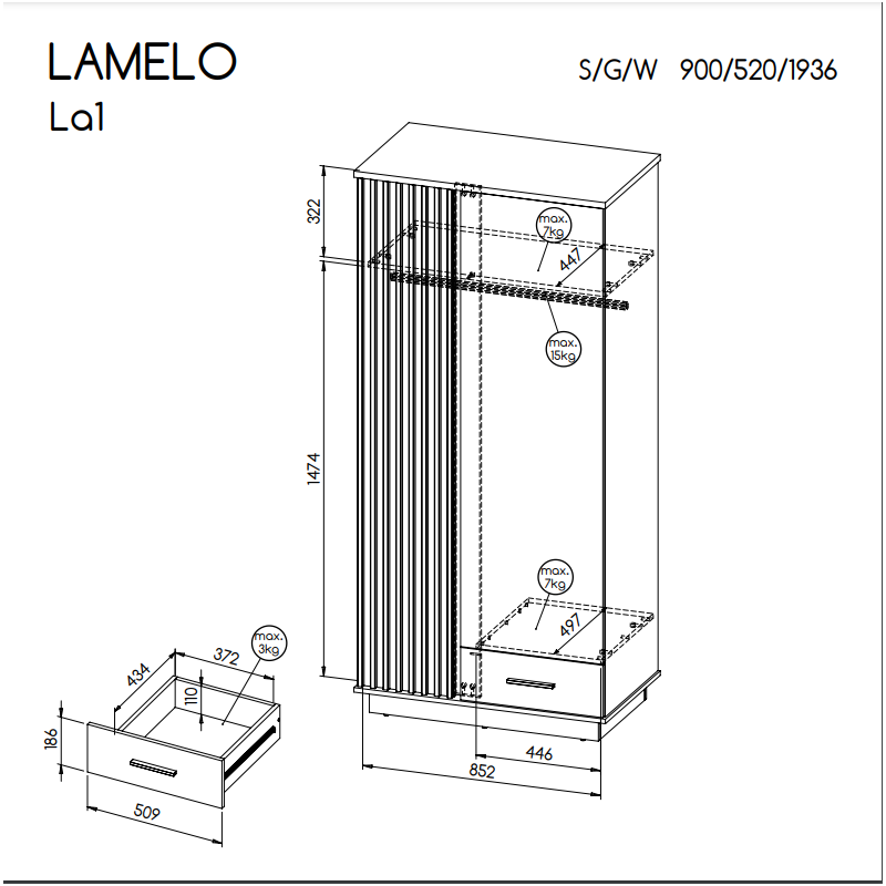 Kleiderschrank Lamelo 90 cm mit Schublade Drehtürenschrank Lamellentüren Eiche Wotan Schwarz Matt Modern 6/9