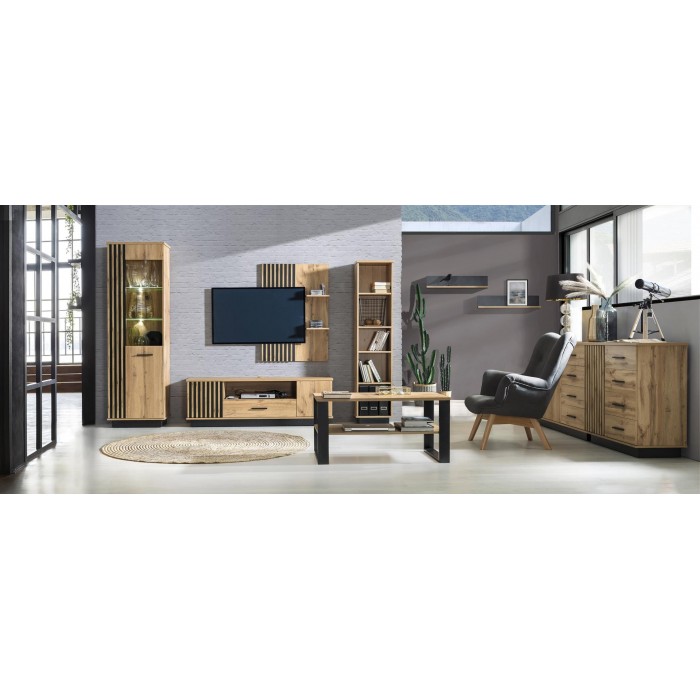 Vitrine Lamelo 60 cm mit LED Beleuchtung Glasschrank Standvitrine Lamellentüren Eiche Wotan Schwarz Matt Modern