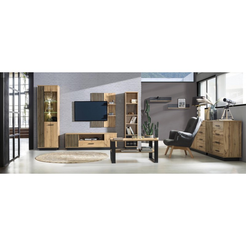 Vitrine Lamelo 90 cm mit LED Beleuchtung Glasvitrine Standvitrine mit Glaseinlegeböden Eiche Wotan Schwarz Matt 3/9