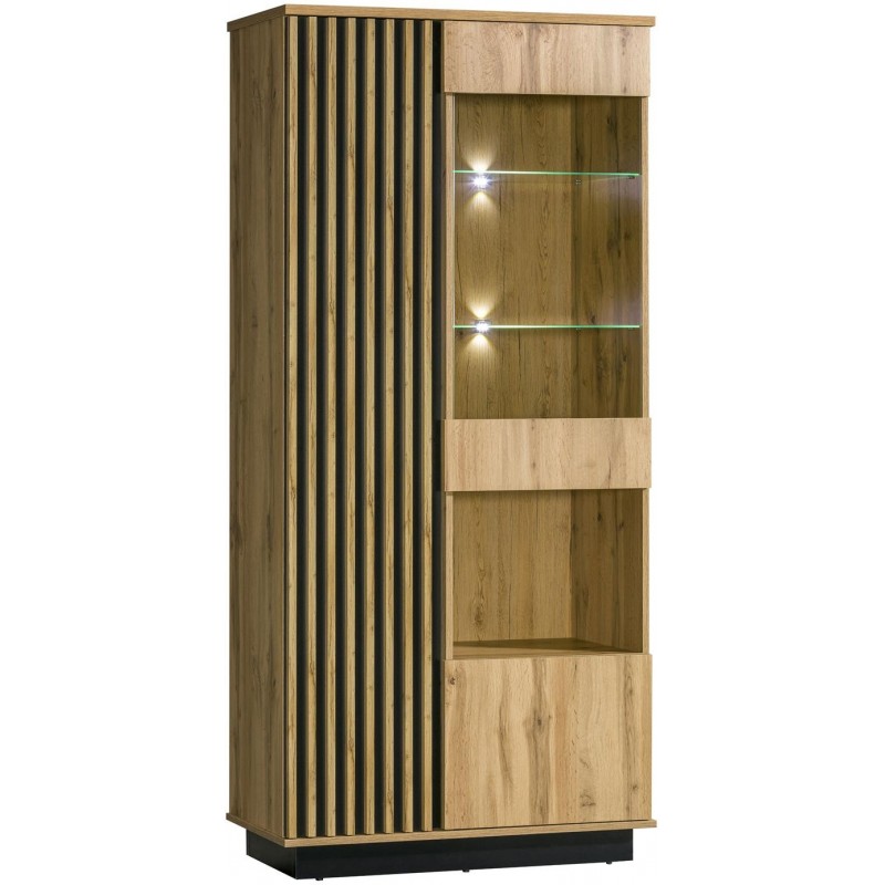 Vitrine Lamelo 90 cm mit LED Beleuchtung Glasvitrine Standvitrine mit Glaseinlegeböden Eiche Wotan Schwarz Matt 1/9