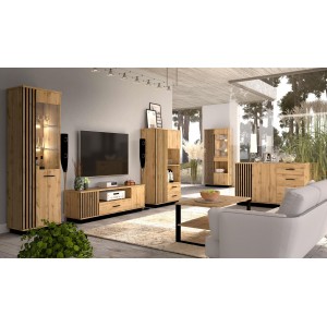 BETTSO Bücherregal Lamelo 90 cm Standregal mit Türen Schrank Eiche Wotan Schwarz Matt 2/9