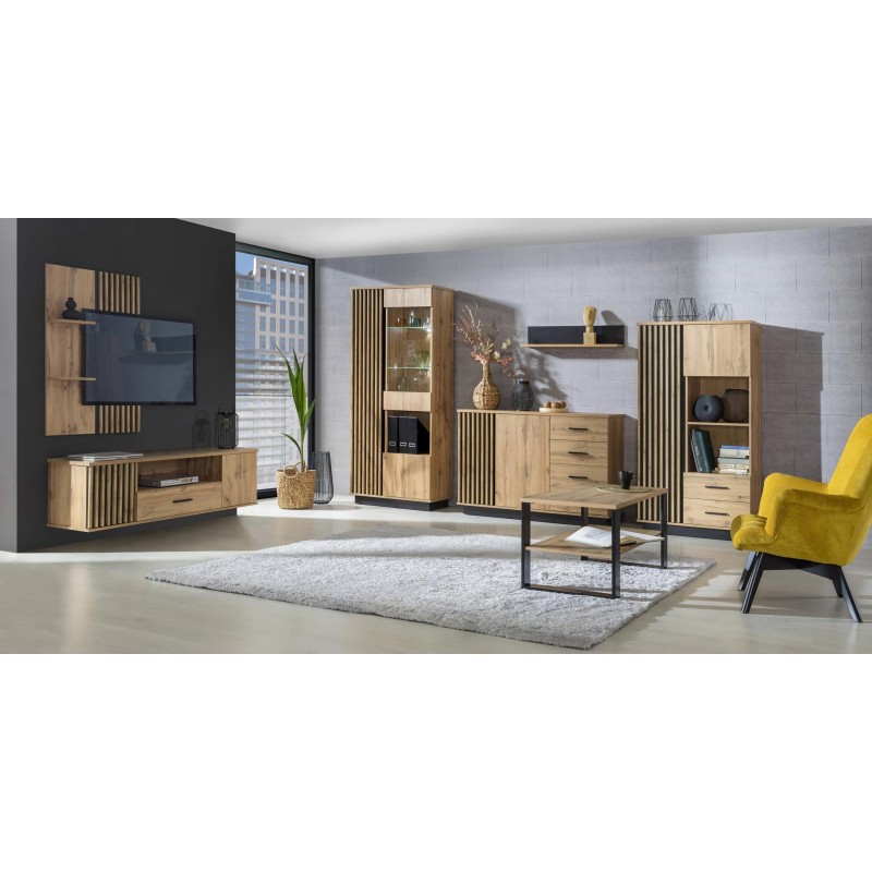 BETTSO Bücherregal Lamelo 90 cm Standregal mit Türen Schrank Eiche Wotan Schwarz Matt 3/9