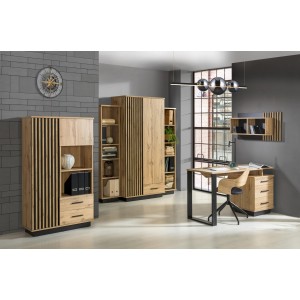BETTSO Bücherregal Lamelo 90 cm Standregal mit Türen Schrank Eiche Wotan Schwarz Matt 5/9