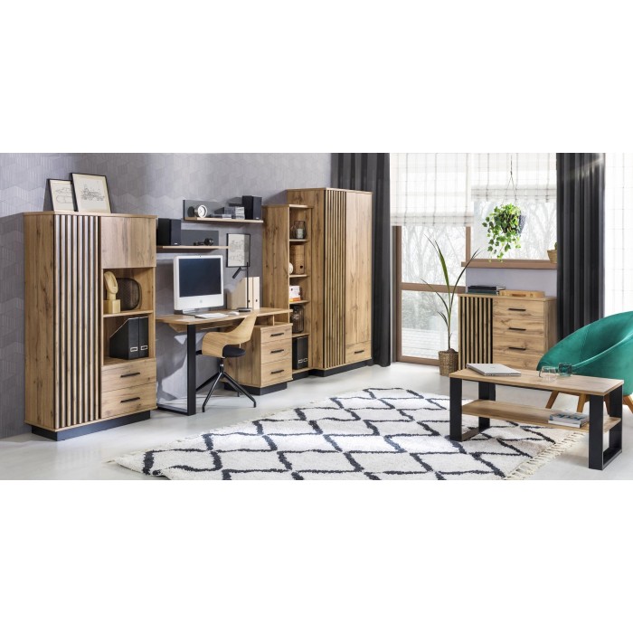 BETTSO Bücherregal Lamelo 90 cm Standregal mit Türen Schrank Eiche Wotan Schwarz Matt
