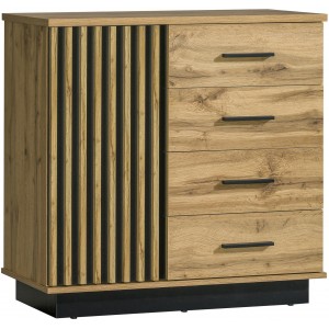 Kommode Lamelo 90 cm mit 4 Schubladen Sideboard Anrichte Schrank Lamellentüren Eiche Wotan Schwarz Matt 1/9