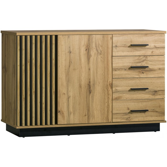 Kommode Lamelo 140 cm mit 4 Schubladen Sideboard Lamellentüren Eiche Wotan Schwarz Matt
