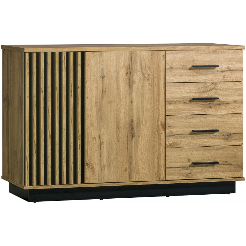 Kommode Lamelo 140 cm mit 4 Schubladen Sideboard Lamellentüren Eiche Wotan Schwarz Matt 1/9