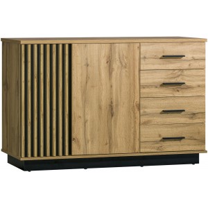 Kommode Lamelo 140 cm mit 4 Schubladen Sideboard Lamellentüren Eiche Wotan Schwarz Matt 1/9