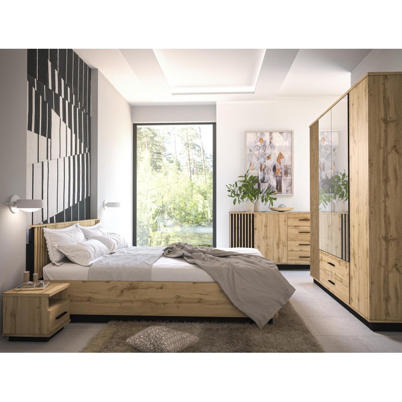 Kommode Lamelo 140 cm mit 4 Schubladen Sideboard Lamellentüren Eiche Wotan Schwarz Matt 3/9