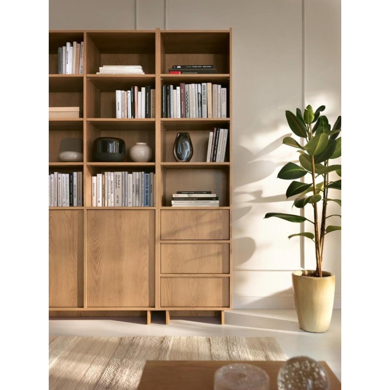 SUNA Bücherregal Japandi Design Eiche Caramel 50 cm breit 3 Schubladen 200 cm hoch 3/9